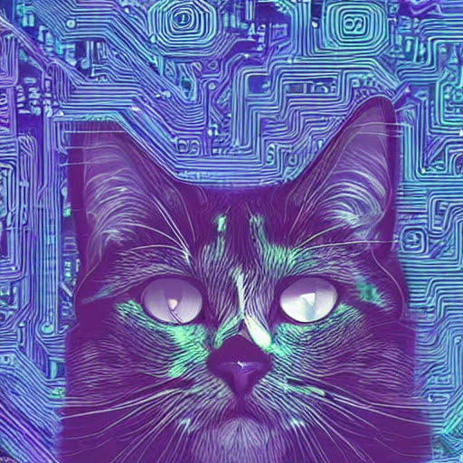 基盤の前に黒猫がいるイラスト。生成AIによって「A cat in a digital world」と入力して生成した。